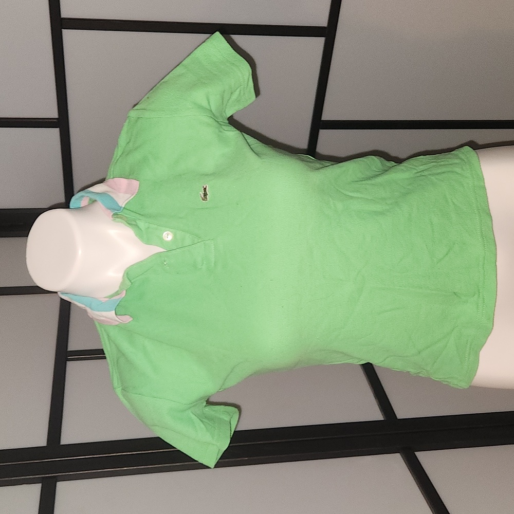 Lacoste lime green polo with tri color collar